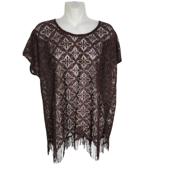 Chico's Tops - Chico's Womens Top Size 2 Large Brown Crochet Short Cap Sleeve Fringe Trim Sheer